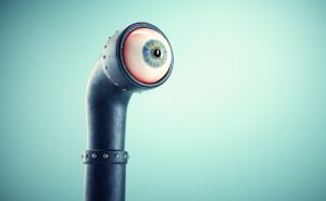 Periscope with an eye. Discovering new opportunities. Subscriber and social media concept . This is a 3d render illustration